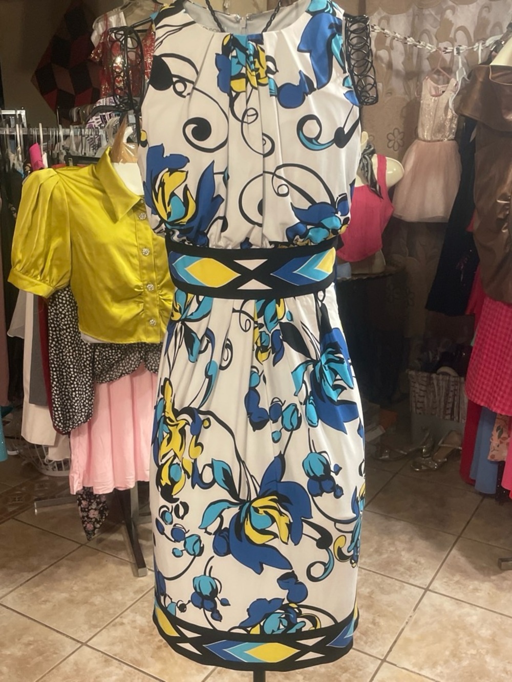 Maggy London White Midi Dress with Blue & Yellow Floral Print